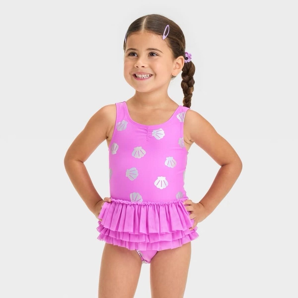 Cat & Jack Girls Pink Silver Seashell Tutu One Piece Swimsuit UPF 50+ 18 months